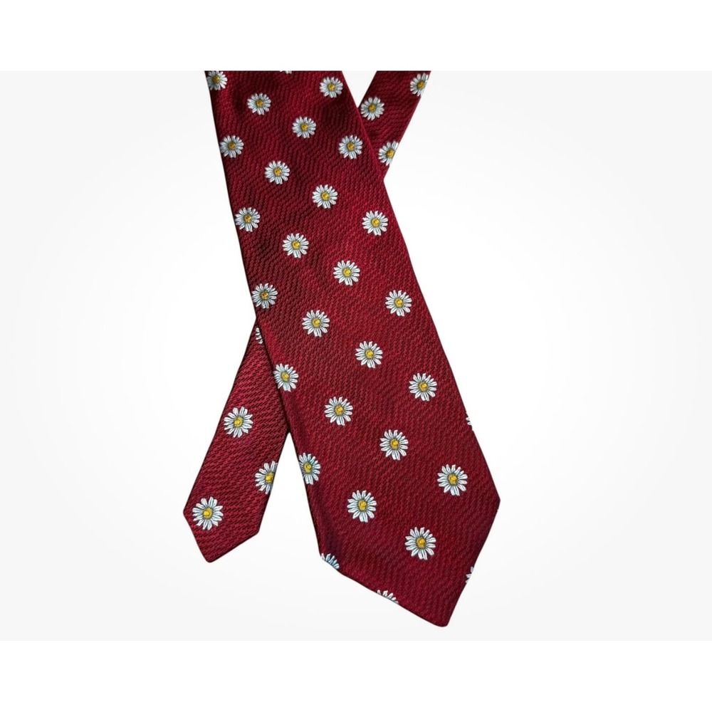 Zanzara Necktie Mens One Size Burgundy Red Silk Daisy Floral Print Tie